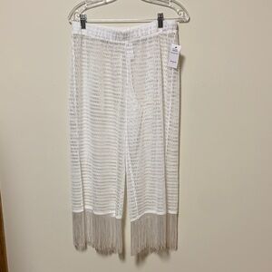 La Blanca swim coverup - unlined white mesh pants with fringe small cropped pant